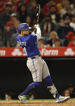 Bo Bichette #11 of the Toronto Blue Jays hits a two-run single against the Los Angeles Angels in the seventh inning at Angel Stadium of Anaheim on May 07, 2025 in Anaheim, California. (Photo by Ronald Martinez/Getty Images)