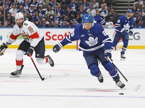 William Nylander #88 of the Toronto Maple Leafs takes off on a breakaway against Aaron Ekblad #5 of the Florida Panthers during the second period in Game Five of the Second Round of the 2025 Stanley Cup Playoffs at Scotiabank Arena on May 14, 2025 in Toronto.