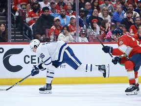 Mitch Marner #16 of the Toronto Maple Leafs skates with the puck during the third period against the Florida Panthers in Game Four of the Second Round of the 2025 Stanley Cup Playoffs at Amerant Bank Arena on May 11, 2025 in Sunrise, Florida.