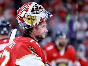 Sergei Bobrovsky #72 of the Florida Panthers looks on after beating the Toronto Maple Leafs 2-0 in Game Four of the Second Round of the 2025 Stanley Cup Playoffs at Amerant Bank Arena on May 11, 2025 in Sunrise, Florida.