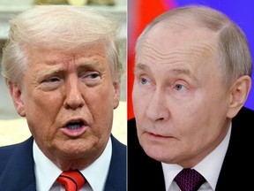 This combination of pictures created on March 17, 2025, shows U.S. President Donald Trump in the Oval Office of the White House in Washington, D.C., on March 13, 2025, and Russian President Vladimir Putin at the Kremlin in Moscow on March 13, 2025.