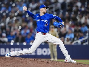 Jeff Hoffman of the Toronto Blue Jays pitches against the San Diego Padres.