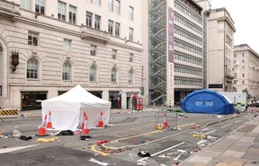 Police tents are seen at the scene of the incident on Water Street on May 27, 2025 in Liverpool, England.