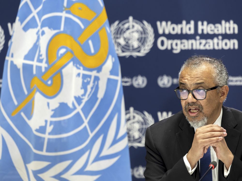 Tedros Adhanom Ghebreyesus, Director General of the World Health Organization (WHO), talks during a press conference organized by the Geneva Association of United Nations Correspondents (ACANU), at the World Health Organization (WHO) headquarters, Geneva, Switzerland, Thursday, May 1, 2025.