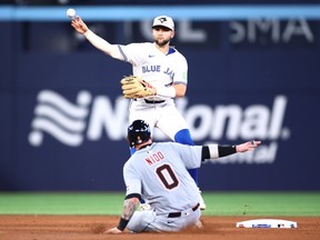Blue Jays shortstop Bo Bichette throws to first base to complete a double play against the Tigers during fifth inning MLB action at Rogers Centre in Toronto, Saturday, May 17, 2025.