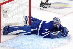 Toronto Maple Leafs goaltender Anthony Stolarz (41) lays on the ice after being run into during second period, round two, game one NHL Stanley Cup playoff hockey action against the Florida Panthers in Toronto on Monday, May 5, 2025.