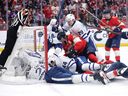 The Maple Leafs give up a goal against the Panthers during second period action in Game 3 of the second round of the 2025 Stanley Cup Playoffs at Amerant Bank Arena in Sunrise, Fla., Friday, May 9, 2025.
