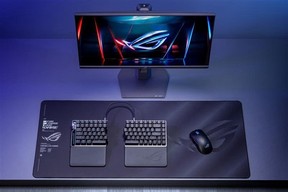 The ROG Falcata mechanical keyboard splits in half so you can position it on a desk however you like.