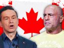 This composite photo illustration features Pierre Poilievre and Joe Rogan.