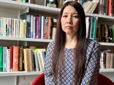 Sachi Schmidt-Hori, a Japanese literature and culture professor who was a consultant on the Assassin's Creed Shadows video game, poses for a portrait in her office at Dartmouth College in Hanover, New Hampshire, on April 2, 2025.