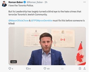 Conservative MP Roman Baber, who represents York Centre, took to social media on Saturday to urge Toronto Police Chief Myron Demkiw and Mayor Olivia Chow to ensure laws are enforced during the 56th annual UJA's Walk With Israel on Sunday, May 25, 2025.
