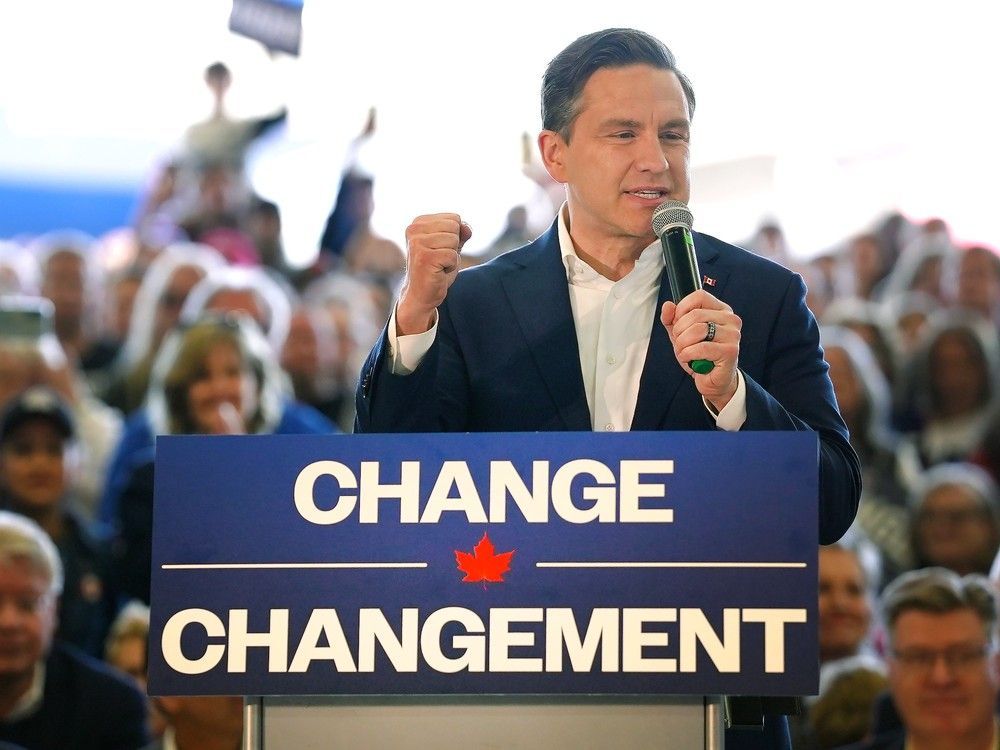 Conservative leader Pierre Poilievre speaks to supporters at a campaign rally in Calgary on Friday, April 25, 2025.