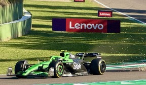 A Formula 1 car takes a corner during the F1 Grand Price practice race in Fiorano, Italy, on Friday, May 16, 2025.