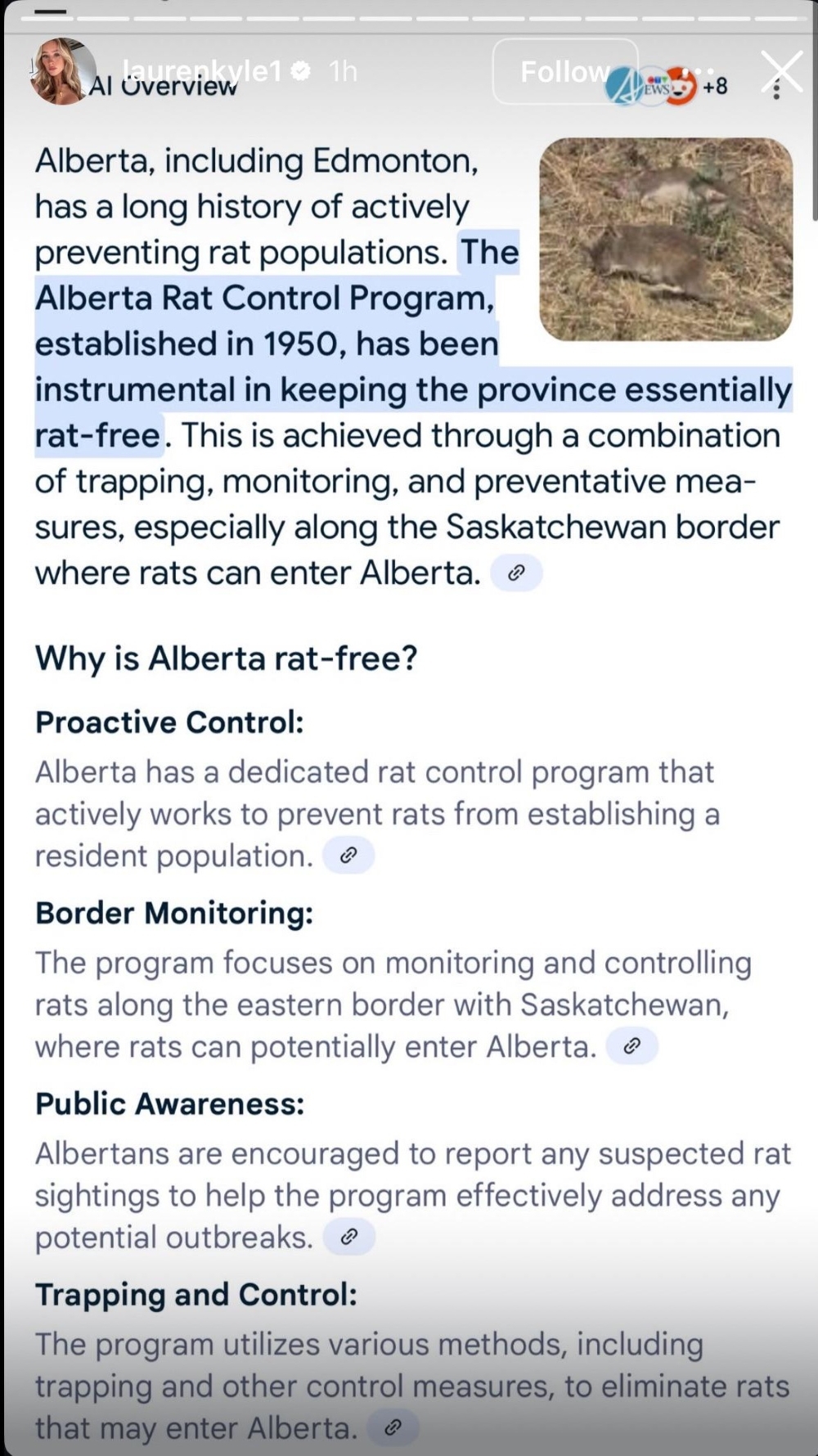 Lauren Kyle, the wife of Oilers star Connor McDavid posted about rats in Alberta on Instagram.