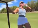 A blonde woman takes a drink while riding on a golf cart.