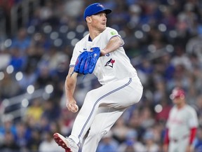 Chris Bassitt of the Toronto Blue Jays pitches to the Philadelphia Phillies.