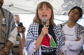 Greta Thunberg speaks with the crew of the ship Madleen, headed to Gaza to deliver humanitarian aid on June 01, 2025 in Catania, Italy.