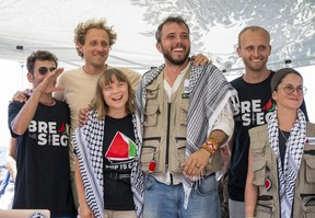 Greta Thunberg with part of the crew of the ship Madleen, shortly before departure for Gaza, during the press conference in San Giovanni Li Cuti on June 01, 2025 in Catania, Italy.
