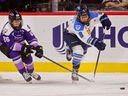 Toronto Skipts defenseman Kali Flanagan (6) passes the puck as Minnesota Frost forward Kendall Coyne Schofield (26) defends against it during the first period of a PWHL playoff hockey game on Sunday, May 11, 2025, in St. Paul, Minnesota.