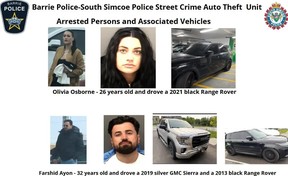 Olivia Osborne, 26, of Toronto, and Farshid Ayon, 32, of Springwater Township, face charges stemming from a probe into vehicle thefts via fraudulent cheques and bank drafts across Ontario.