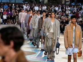 Models wear creations as part of the men's Louis Vuitton Spring-Summer 2026 collection, that was presented in Paris, Tuesday, June 24, 2025.