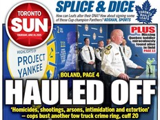 Toronto Sun front page. Image of polixe chief with "Hauled off" headline