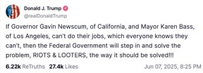 U.S. President Donald Trump wrote a post on his Truth Social platform that criticized California Gov. Gavin Newsom for ongoing protests in Los Angeles, on Saturday, June 7, 2025.