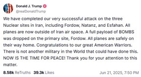 U.S. President Donald Trump announced on his Truth Social platform that the U.S. launched an attack on Iran's nuclear program on Saturday, June 21, 2025.