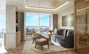 A rendering of a lounge on the Waldorf Astoria Nile River Experience.