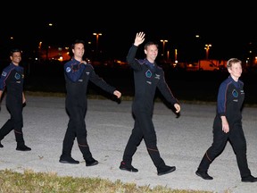 SpaceX Falcon 9 crew, left to right, Shubhanshu Shukla of the Indian Space Research Organization, Tibor Kapu of Hungary, Slawosz Uznanski-Wisniewski of Poland, and commander Peggy Whitson before departing for pad 39A for a mission to the International Space Station at the Kennedy Space Center in Cape Canaveral, Fla., Tuesday, June 24, 2025.