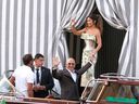 Jeff Bezos, centre left, and Lauren Sanchez, centre right, leave a hotel for their pre-wedding reception, in Venice, Italy, Thursday, June 26, 2025.