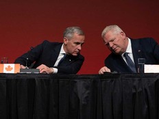 Prime Minister Mark Carney, left, and Ontario Premier Doug Ford hold a press conference after a first ministers’ meeting in Saskatoon on June 2, 2025.