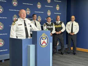 Toronto Police Chief Myron Demkiw speaks during a news conference on Wednesday, June 18, 2025, revealing details of Project Yankee that targeted onging tow truck turf wars in Toronto's part of a joint forces investigation that started in October 2024.