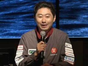 This image taken from video shows ispace CEO and founder Takeshi Hakamada speaking before a private lunar lander attempt on the moon Friday, June 6, 2025.