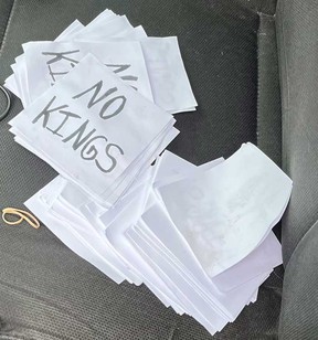 This photo provided by Minnesota State Patrol shows writings in the fake police car law enforcement officials believe a suspect used in the shooting of two Democratic legislators in Minnesota on Saturday, June 14, 2025.