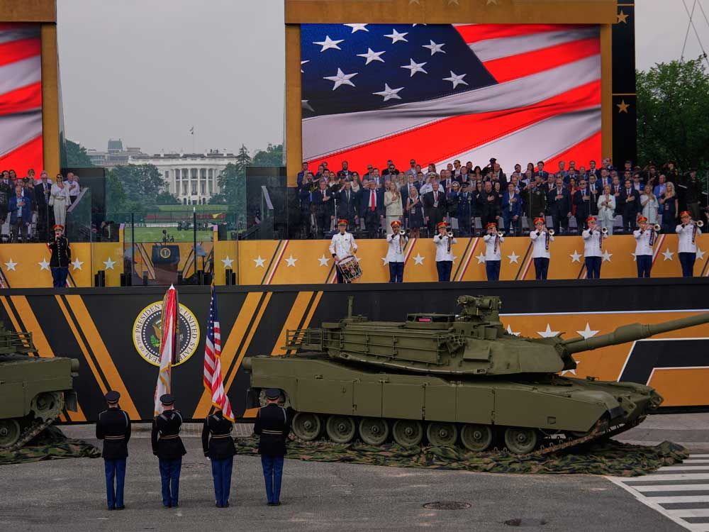 U.S. military parade barrels through Washington with tanks, troops and 21-gun salute