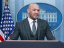 Conor McGregor speaks from the White House briefing room podium earlier this year.