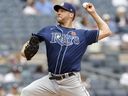 Rich Hill of the Tampa Bay Rays pitches during the first inning against the New York Yankees at Yankee Stadium on May 31, 2021, in New York City.