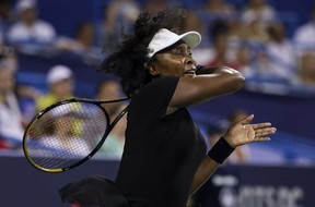 Venus Williams returns a shot against Peyton Stearns (not pictured) during a women's single match on day 2 of the Mubadala Citi DC Open 2025 at William H.G. FitzGerald Tennis Center on July 22, 2025 in Washington, DC.