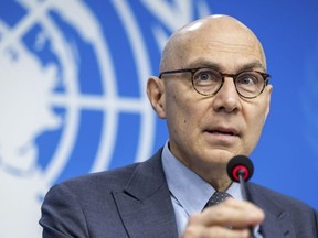 FILE - U.N. High Commissioner for Human Rights (UNHCR) Volker Türk speaks during a press conference at the European headquarters of the United Nations, in Geneva, Switzerland, Wednesday, Feb. 12, 2025.