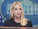 Prosecutor General Pam Bondi speaks of the media, Friday, June 27, 2025, in the White House briefing room in Washington.