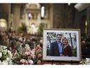 Pictures of Mark and Melissa Hortman are set up inside the sanctuary at the Basilica of St. Mary's during funeral services for Mark and Melissa Hortman in Minneapolis, Minn., on Saturday, June 28, 2025.