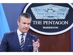 Defense Secretary Pete Hegseth speaks during a news conference at the Pentagon in Washington, Sunday, June 22, 2025, after the U.S. military struck three sites in Iran, directly joining Israel's effort to destroy the country's nuclear program.