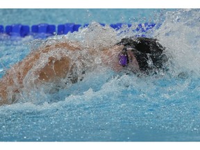 Penny Oleksiak competes in the women's 4x100-metre freestyle relay final at the 2024 Summer Olympics, July 27, 2024, in Nanterre, France.