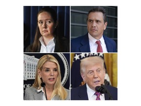 FILE - This photo combination shows from top left, Assistant U.S. Attorney Maurene Comey listening in New York, July 8, 2019, attorney Todd Blanche after a hearing, Sept. 5, 2024, in Washington, Attorney General Pam Bondi speaking during a news conference at the Justice Department, June 6, 2025, in Washington and and President Donald Trump speaking at an event in the East Room of the White House, July 18, 2025, in Washington.