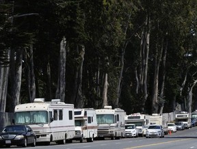 Parked RVs are seen on Lake Merced Boulevard in San Francisco, Tuesday, July 15, 2025.