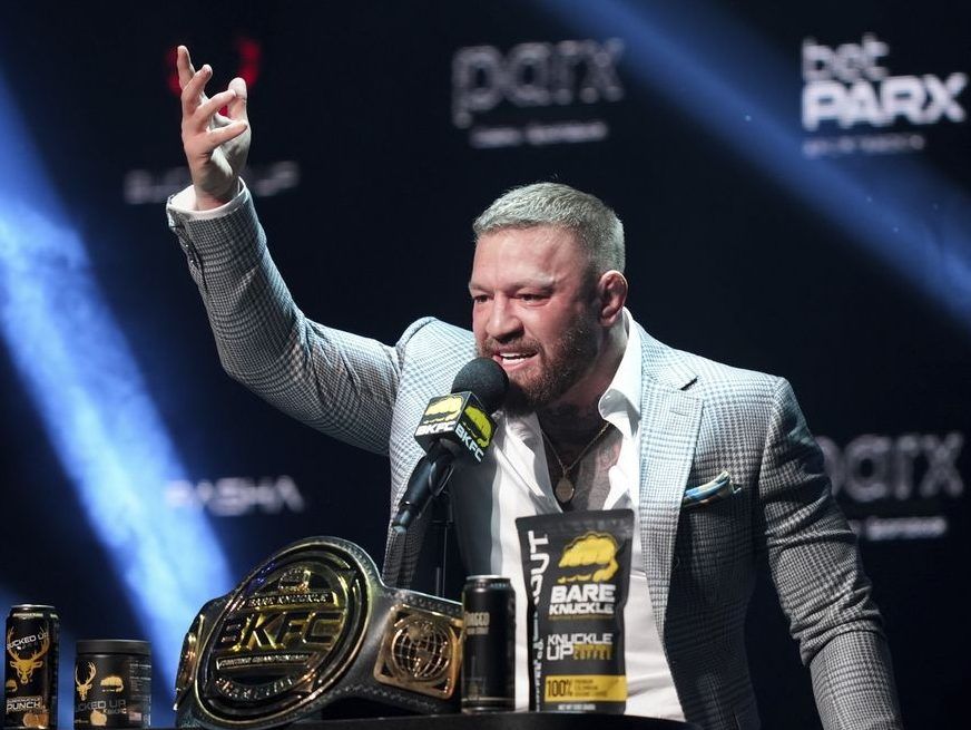 Conor McGregor speaks during a KnuckleMania V boxing news conference, Thursday, Jan. 23, 2025, in Bensalem, Pa.