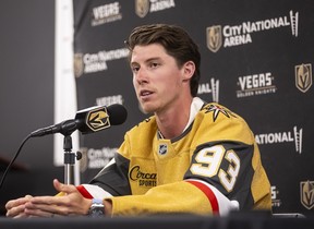 Former Maple Leafs star Mitch Marner speaks to reporters after being acquired by Vegas. AP