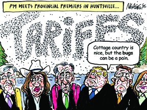 A cartoon of Canadian premiers with bug bites and a swarm of bugs spelling the word tariffs in the background.