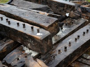 In this image provided by Wessex Archaeology, the Sanday Wreck timbers are seen before being placed in a freshwater tank at the Sanday Heritage Centre, on Orkney, Sept 23, 2024.